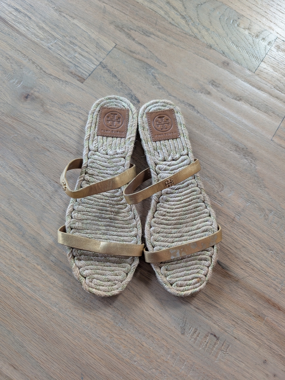 Tory Burch Gold Leather Strap Rope Espadrilles Slide Sandals